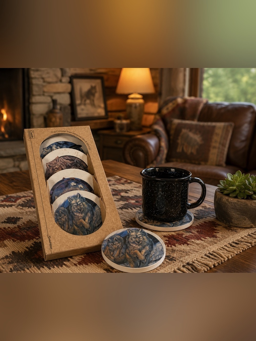 Wolf Sandstone Coaster Set | Rustic Cabin Lodge Decor | Wildlife Nature Coasters - Picture 1 of 6